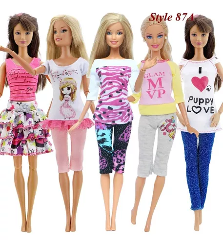 Kit Atacado 5 Casual Roupas + 5 Sapatos P/ Boneca Barbie