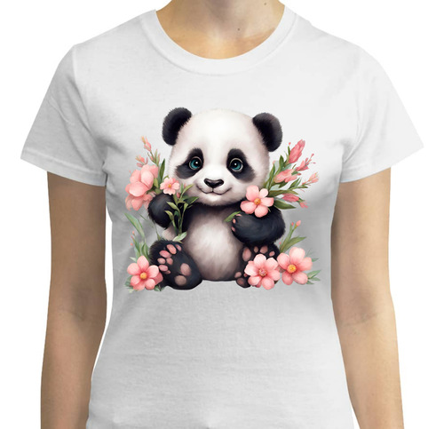 Playera Diseño Oso Panda Tierno Con Flores Rosas - Flores