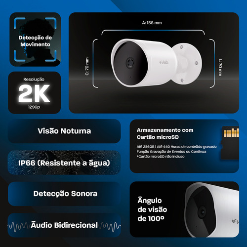 Câmera Inteligente Externa Velds, Wi-Fi, 2K, Resistente à Água IP66, Visão Noturna Infravermelha, Detecção de Movimento, Áudio Bidirecional, Cartão SD até 256GB, Branco