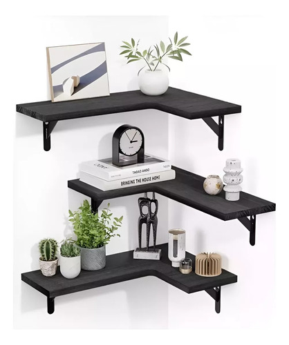 Repisas Esquineras Flotantes De Madera Hogar X3 Modernas Color Negro