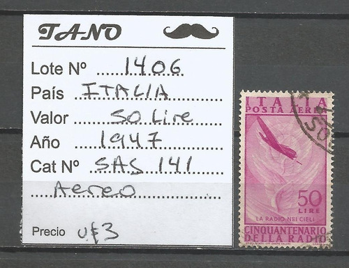 Lote1406 Italia 50 Liras 1947 Sas# 141 Aereo