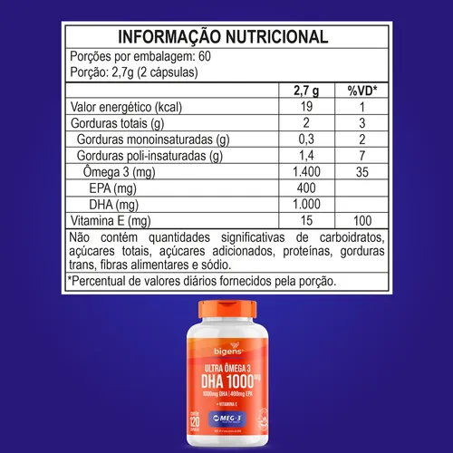 Ultra Omega 3 Meg-3® - DHA 1000 mg + EPA 400 mg - 120 cápsulas | Bigens