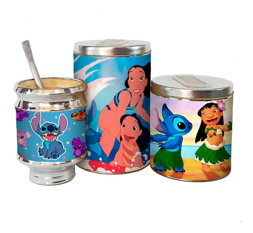 Combo Mate Madera Yerbera Azucarera Latas Lilo & Stitch