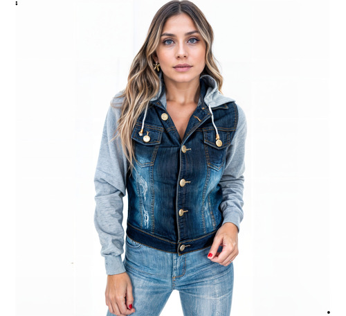 Jaqueta Jeans Moleton Com Manga E Capuz Blusa Feminina Top 