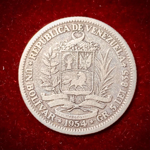 Moneda 1 Bolívar Venezuela 1954 Y 37 Plata 0.835