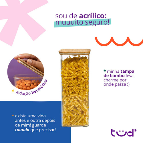 Kit 8 Potes De Acrílico Com Tampa De Bambu Herméticos - Tüd Cor Nude