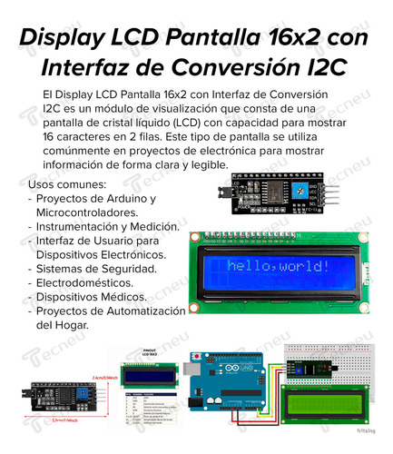Tecneu Kit Pantalla Display 16x2 Lcd 1602a + Carcasa Acrílica + Interfaz I2c