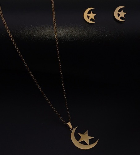 Collar Luna Estrella Aretes Acero Inoxidabl Juego + Estuche 