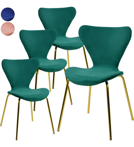 Juego Set 4 Sillas Comedor Tapizada Minimalista Terciopelo Estructura de la silla Dorado Asiento Verde