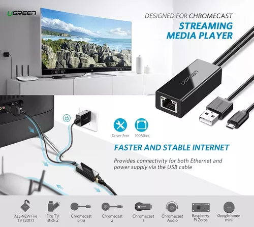 Adaptador Ethernet para Fire Tv Stick Google Home Mini Chromecast Ultra 2 1  Audio Micro USB a Rj45 con fuente de alimentación USB