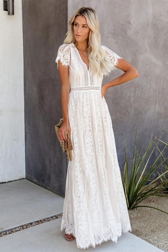 Vestido Blanco Largo Encaje Para Boda Fiesta Playa Casual | Envío gratis Vestido Blanco Largo Encaje Para Boda Fiesta Playa Casual | Envío gratis