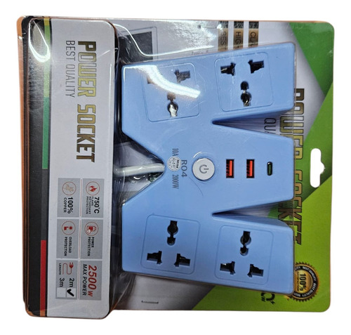 Zapatilla Electrica Cargadora Puertos Usb/entrada Tipo C Celeste