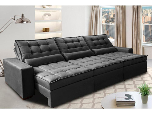 Sofá Retrátil e Reclinável 4,12m com Molas Ensacadas Cama Inbox Gold Tecido Suede Velusoft Preto