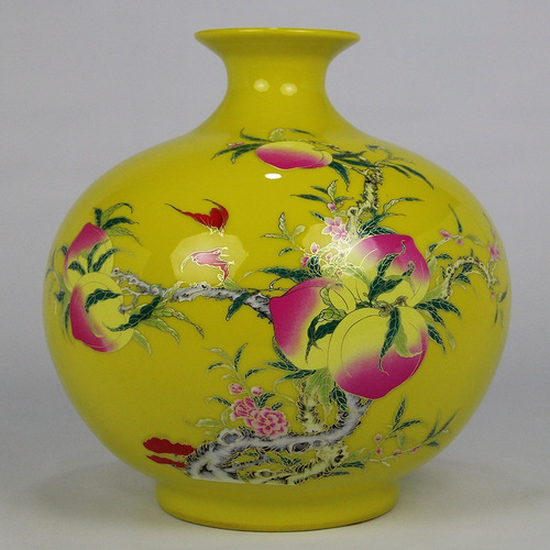 Imagem 3 de 7 de Vaso Chinês Floral Com Escritas Amarelo Gargalo Curto Bu198