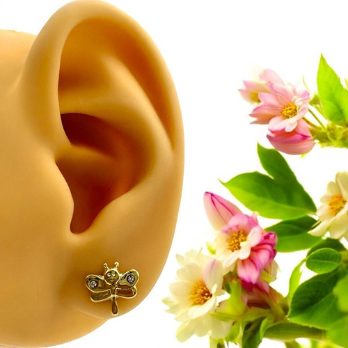 Broqueles Libélula Oro 14k - Zirconia - Alegres - Con Caja