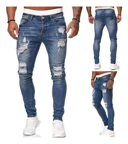 Vaqueros Ajustados Y Rotos De Moda Para Hombre
