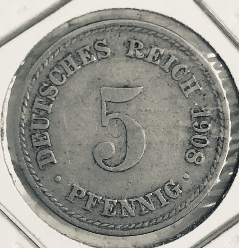 * Alemania Imperio 5 Pfennig Año 1908 A . Km# 11