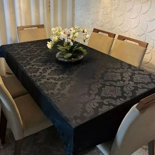 Toalha Forro De Mesa 8 Lugares Tecido Nobre Jacquard Cor Preto Liso