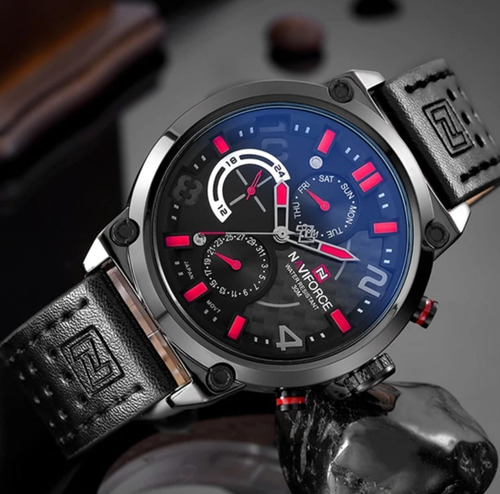 Relógio Masculino Naviforce Quartzo Aço 9068 Em Couro