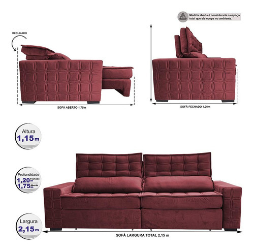 Sofá Retrátil 2,15m Cama Inbox Big Star. Com Softgel d40 Cor Vinho