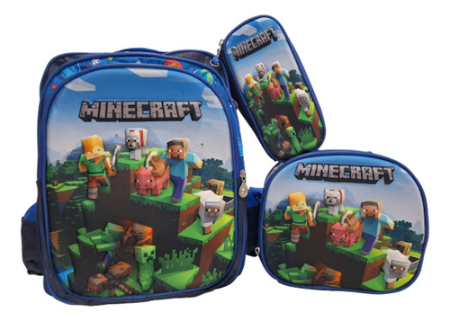 Kit Mochila Primaria Jumbo+lonchera+lapicera 3d Envío 3pzas Minecraft 3d Con Luz Lisa
