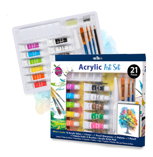 Berry Hip Juego de Pinturas Acrílicas: Incluye Lápiz Profesional, 3 Pinceles Taklon y 12 Pinturas Vibrantes de 12 ml ¡Todo para Potenciar tu Creatividad en una Sola Caja!