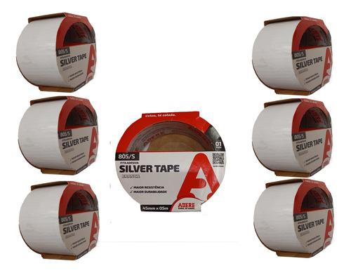 Kit Com 7 Fita Adesiva Multiuso Silver Tape Prata 50x5 Branco Lisa