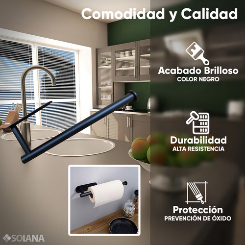 Solana Soporte De Toallas De Cocina De Acero Inoxidable Modelo Okra / Porta Servitoallas De Pared Color Negro Diseño Ahorra Espacio