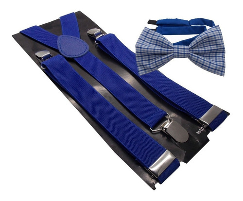 Kit Suspensório Azul Royal + Gravata Borboleta Xadrez