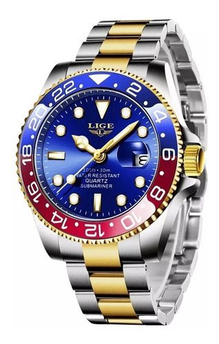 Relógio de pulso Lige LG10045 com corria de aço inoxidável cor prateado/dourado - fondo azul - bisel azul/vermelho/dourado