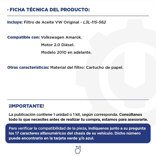 Imagen 2 de 9 de Filtro De Aceite Amarok Motor 2.0 Diésel Volkswagen Original