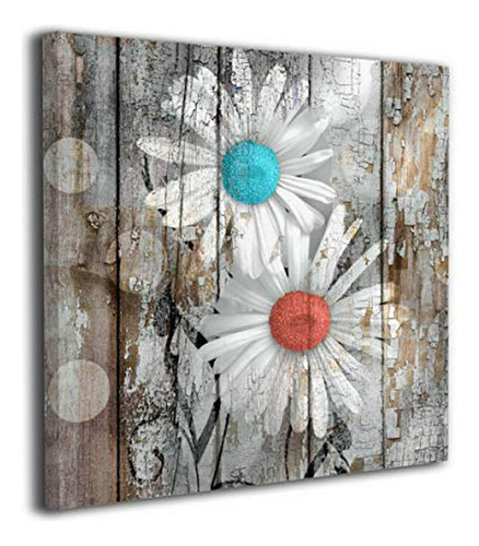 Cuadro Floral Moderno, Colores Teal-coral, 12x12 