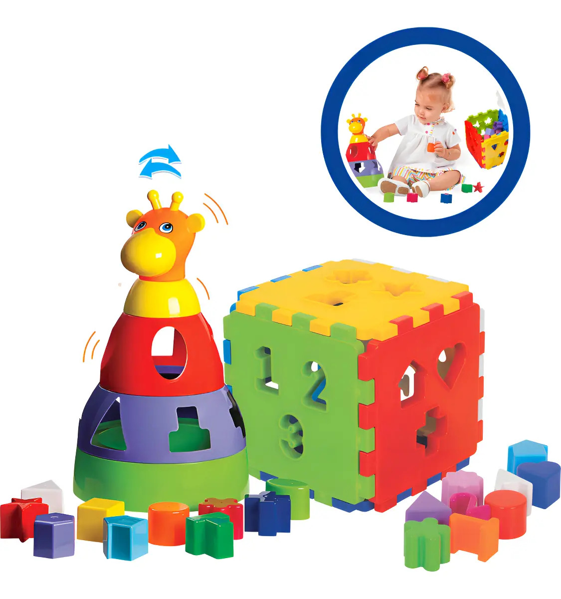 Kit Brinquedos Educativos Mercotoys Cubo e Girafa Bebês +1 Ano