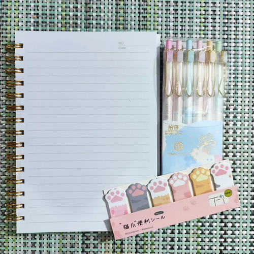 Set Libreta Gatito Gato Kawaii + 6 Lápices + Post It