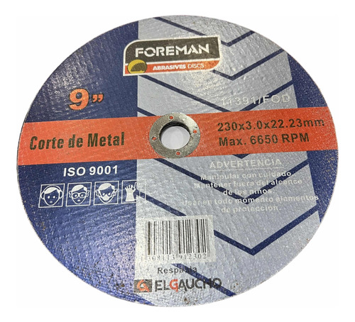 Disco Corte Hierro 9 - 230mm X 3.0mm X 22.23mm (grueso)