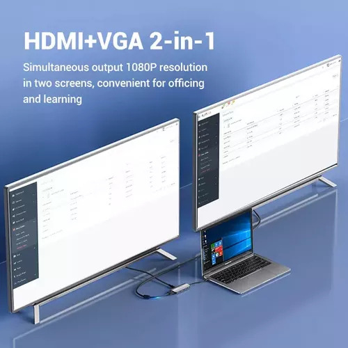 "Hub USB Multipuerto Vention - 6 en 1 - Usb C A HDMI + VGA + 3 Puertos Usb 3.0 + Power Delivery 100W USB C - 4K 30Hz - Carcasa Aluminio - 15 CM - Premium Para PC / Mac / Laptop - TOIHB"