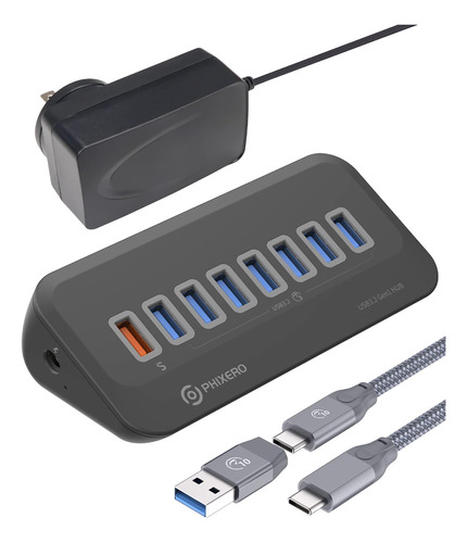 Phixero Hub Usb Alimentado, 8 Puertos Usb 3.0 Con 7 Puertos