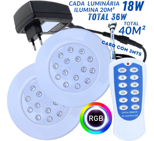 Kit 02 Luminaria Led Rgb 18w + Cabo 3mts Fonte Controladora