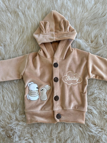 Conjunto Plush Campera Con Capucha Y Pantalon Bebe Invierno Marrón Claro 9-12 M