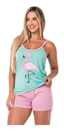 Pijama Adulto Feminino Curto Baby Doll Estampado Flamingo Pp