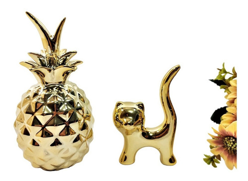 Kit Decorativo Abacaxi + Gatinho Cerâmica Cor Dourado