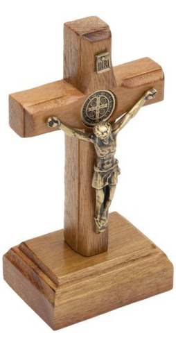 Crucifixo Madeira Tradicional 07cm C/ São Bento Ouro Velho Cor Marrom