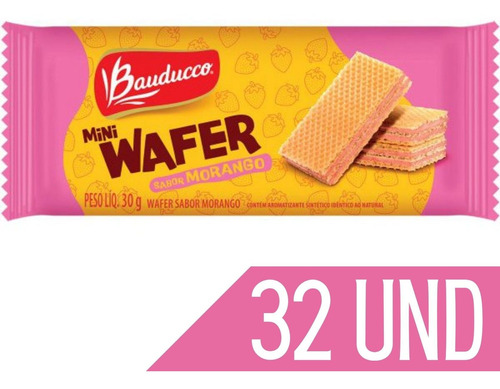 Biscoito Bauducco Mini Wafer Sachê 30g Sabor Morango 32 Und