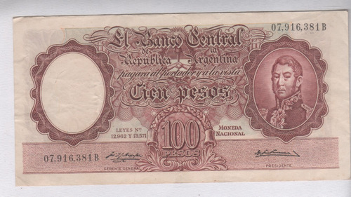 Billete Argentina $ 100 Moneda Nacional - Año 1957 - B 2049