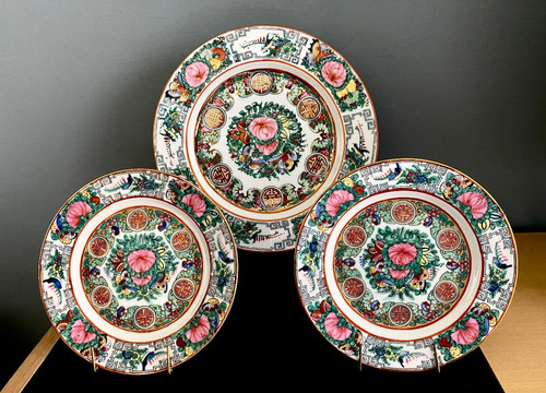 Platos Antiguos Porcelana Canton Sello Rojo Quianlong X 3