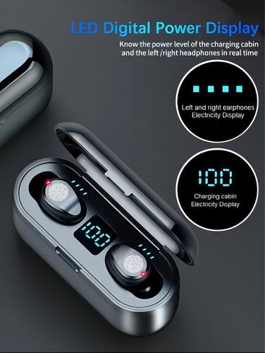 Fone De Ouvido In-ear Sem Fio F9 Preto Com Luz Led Mais