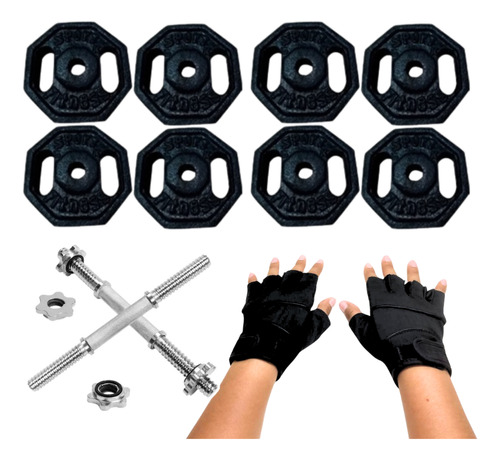 Barra Recta Discos Pesa Guantes+ Manubrio Pvc Set Pack 20kg