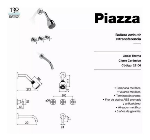 Imagen 2 de 6 de Griferia Para Bañera C/transf Y Ducha 22106 Thema Cro Piazza