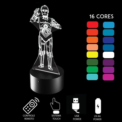 Luminária 3d - Robô C-3p0 Star Wars - Com Controle