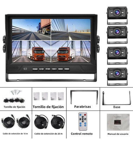 Kit Monitor 9 PuLG Dvr Pantalla Dividida 4ch 12-24v Camión